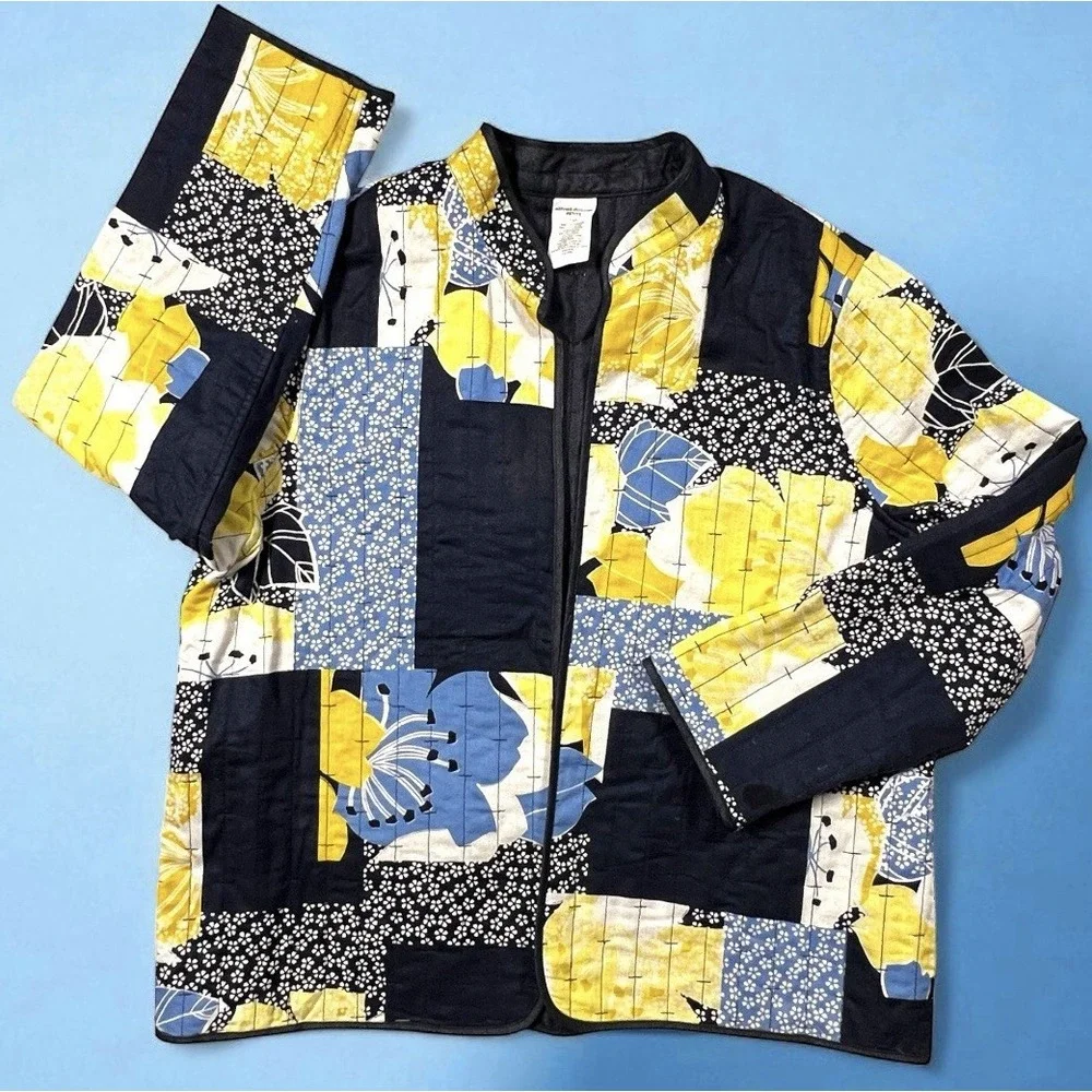 Quilted Open Lightweight Jacket Patchwork Mandarin Collar Petite 14P Yellow Blue